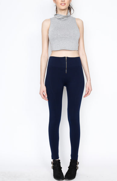 Navy Ponti Pants with Front Zipper Detail