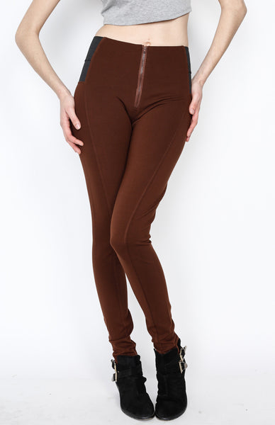 Brown Ponti Pants with Front Zipper Detail