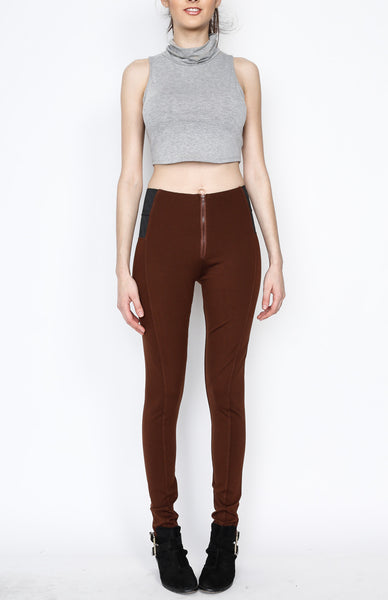 Brown Ponti Pants with Front Zipper Detail