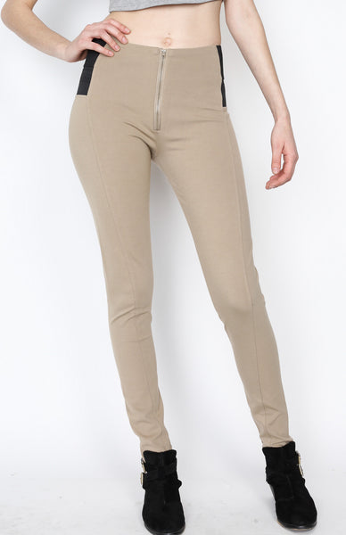 Khaki Ponti Pants with Front Zipper Detail