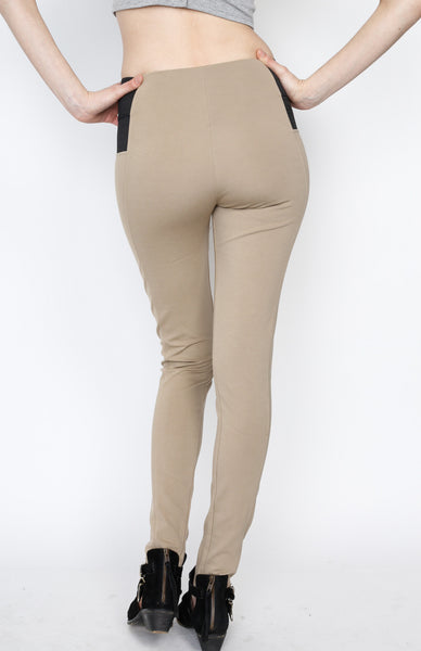 Khaki Ponti Pants with Front Zipper Detail