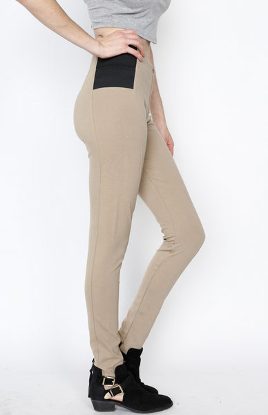 Khaki Ponti Pants with Front Zipper Detail