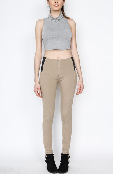 Khaki Ponti Pants with Front Zipper Detail