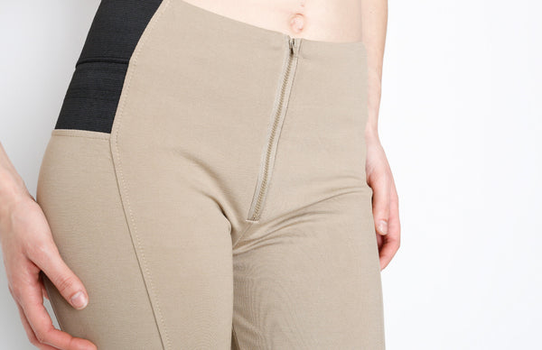 Khaki Ponti Pants with Front Zipper Detail