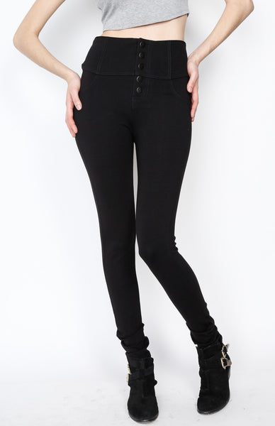 Black Ponti Pants with 5 Button Down and Back Pockets Detail