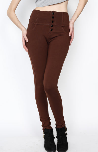 Brown Ponti Pants with 5 Button Down and Back Pockets Detail