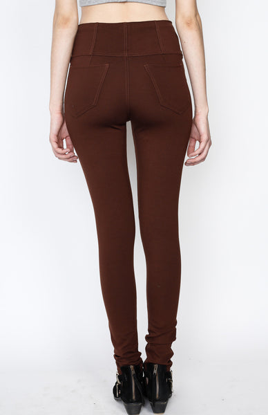 Brown Ponti Pants with 5 Button Down and Back Pockets Detail