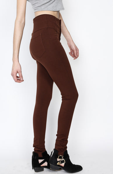 Brown Ponti Pants with 5 Button Down and Back Pockets Detail