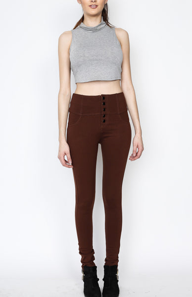 Brown Ponti Pants with 5 Button Down and Back Pockets Detail