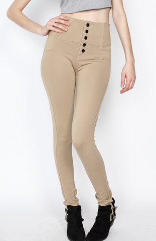 Khaki Ponti Pants with 5 Button and Back Pockets Detail