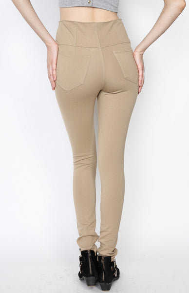 Khaki Ponti Pants with 5 Button and Back Pockets Detail