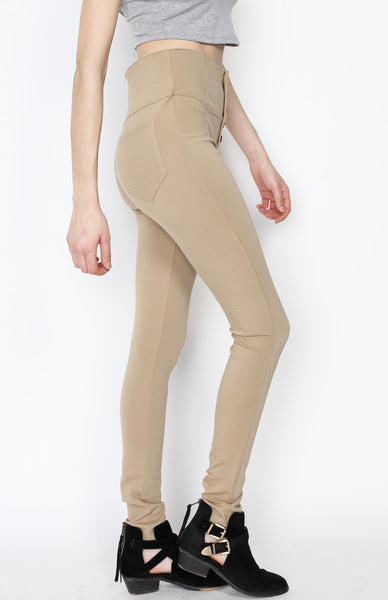 Khaki Ponti Pants with 5 Button and Back Pockets Detail