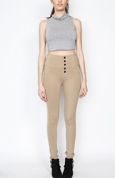 Khaki Ponti Pants with 5 Button and Back Pockets Detail