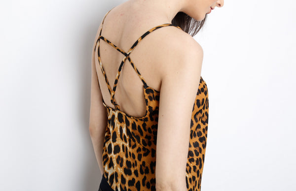 Gold Animal Print Spaghetti Strap Top with V Back Strap Detail