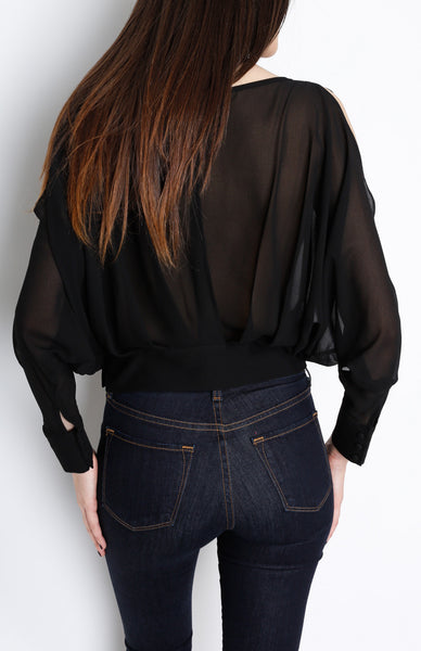 Black Pleated Long Sleeve Top with Open back