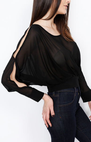 Black Pleated Long Sleeve Top with Open back