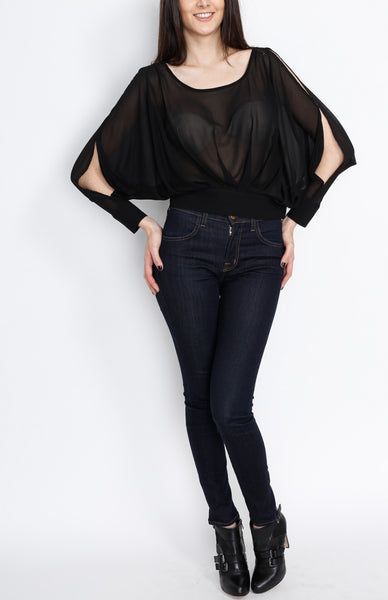 Black Pleated Long Sleeve Top with Open back