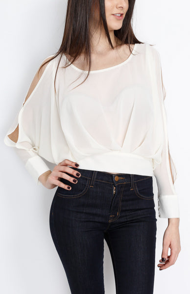 Ivory Pleated Long Sleeve Top with Open back