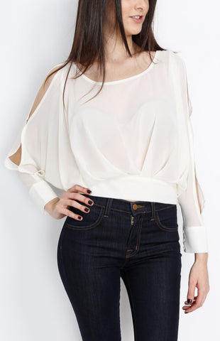 Ivory Pleated Long Sleeve Top with Open back