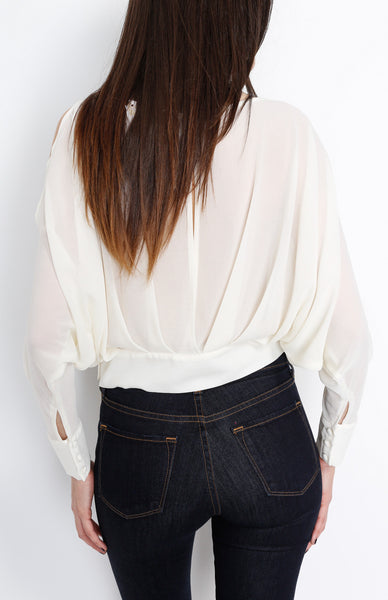 Ivory Pleated Long Sleeve Top with Open back