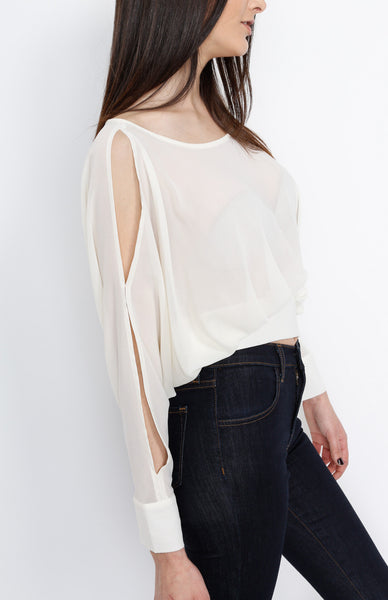 Ivory Pleated Long Sleeve Top with Open back