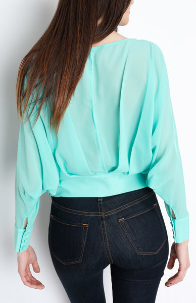 Mint Pleated Long Sleeve Top with Open back