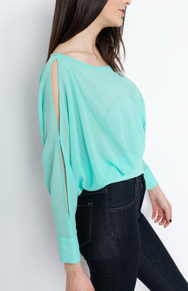 Mint Pleated Long Sleeve Top with Open back