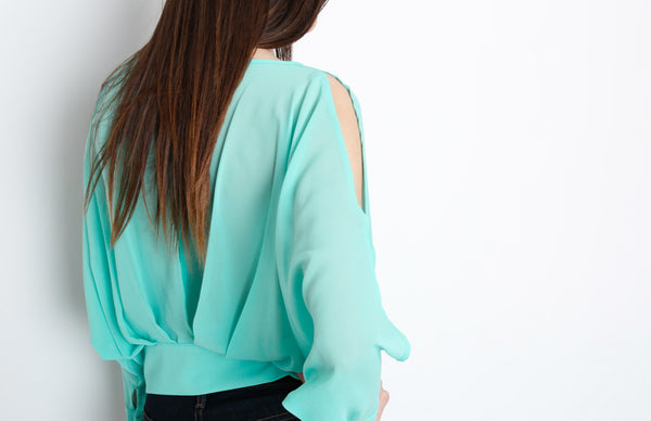 Mint Pleated Long Sleeve Top with Open back