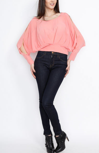 Peach Pleated Long Sleeve Top with Open back