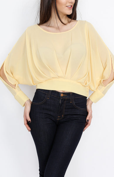 Yellow Pleated Long Sleeve Top with Open back