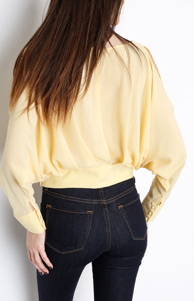 Yellow Pleated Long Sleeve Top with Open back