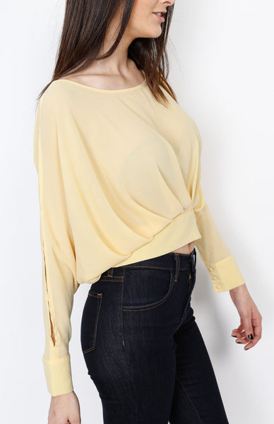 Yellow Pleated Long Sleeve Top with Open back