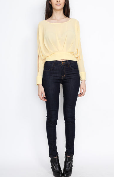 Yellow Pleated Long Sleeve Top with Open back