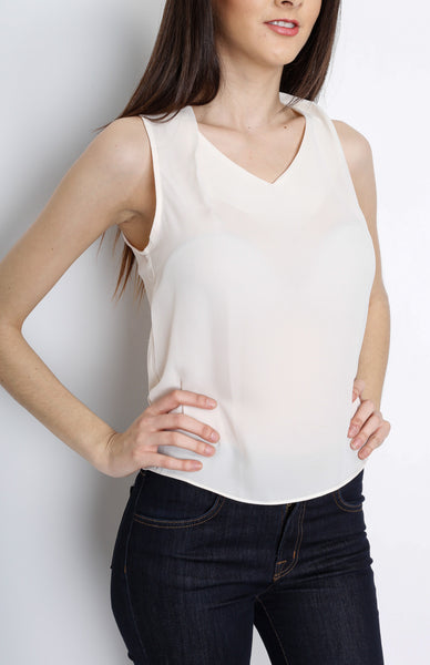 Cream Woven V Neck Top