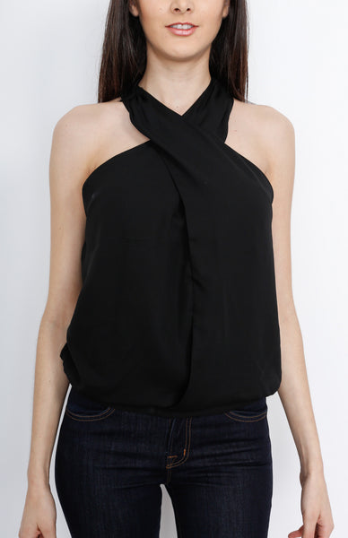 Black Faux Wrap Sleeveless Top with Back Slit Detail