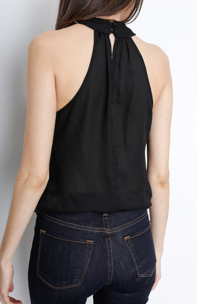 Black Faux Wrap Sleeveless Top with Back Slit Detail