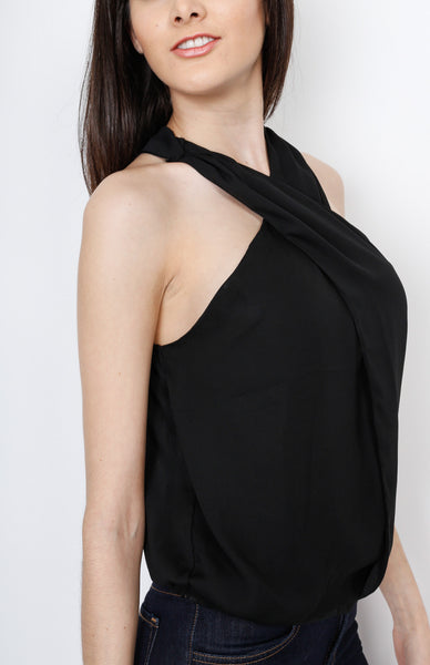 Black Faux Wrap Sleeveless Top with Back Slit Detail