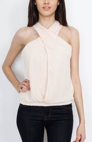 Cream Faux Wrap Sleeveless Top with Back Slit Detail