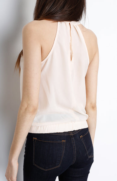 Cream Faux Wrap Sleeveless Top with Back Slit Detail