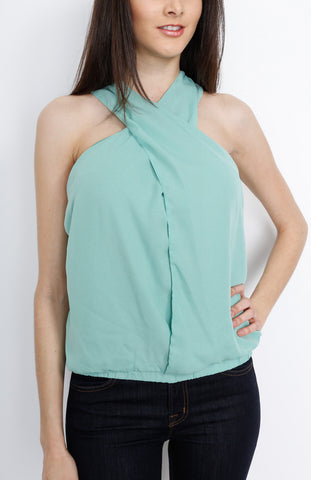 Jade Faux Wrap Sleeveless Top with Back Slit Detail