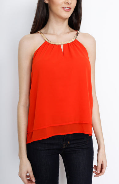 Red Layered Sleeveless Top with Neck Hardware