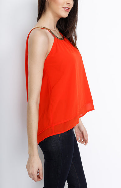 Red Layered Sleeveless Top with Neck Hardware