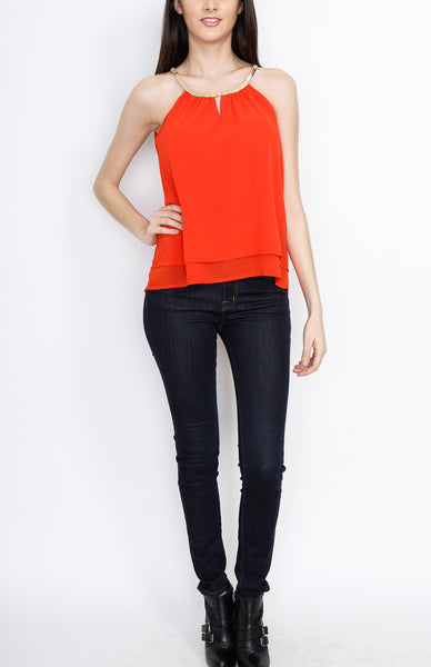 Red Layered Sleeveless Top with Neck Hardware