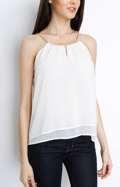 White Layered Sleeveless Top with Neck Hardware