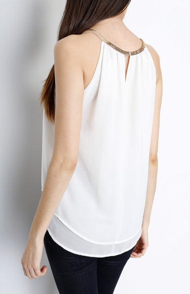 White Layered Sleeveless Top with Neck Hardware