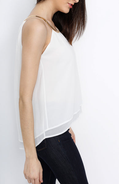 White Layered Sleeveless Top with Neck Hardware