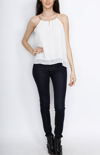 White Layered Sleeveless Top with Neck Hardware