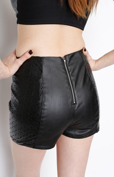 Black PU Mini Shorts With Laser Cut Detail