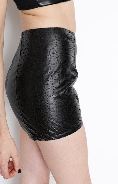 Black PU Mini Shorts With Laser Cut Detail