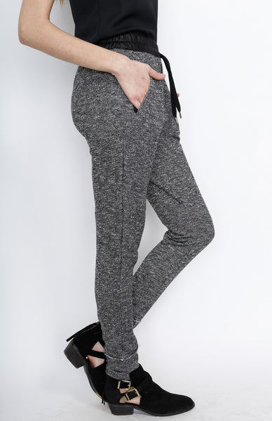 Black Knit Pants with PU Waistband Detail